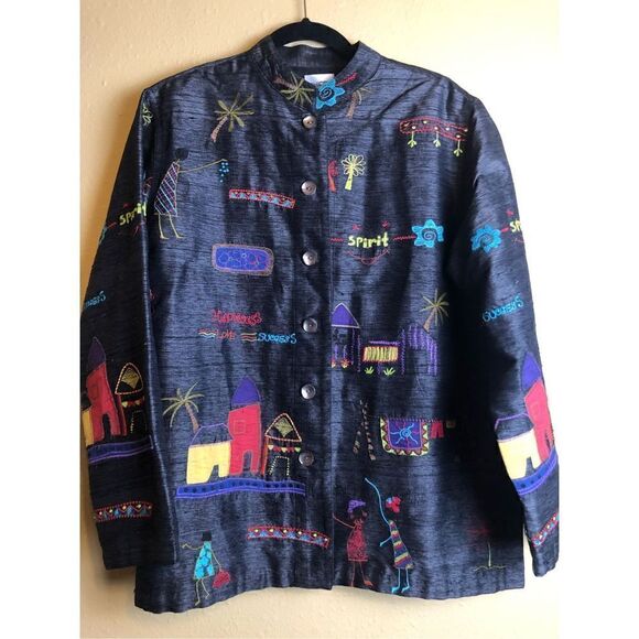 Chico's Design Button Up Jacket Embordered Long Sleeve Women's Silk SZ 2 - Picture 1 of 15